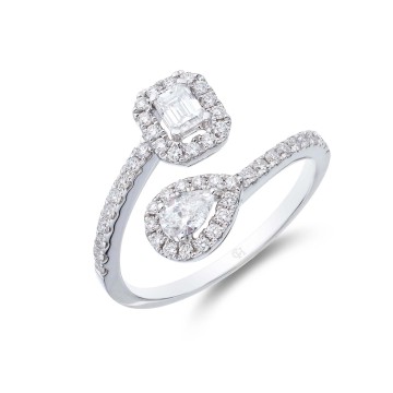 18ct White Gold Pear Emerald & Brilliant Cut 0.65ct Diamond Crossover Ring