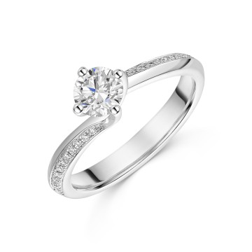 Platinum Round Brilliant 0.50ct Diamond Cross Over Solitaire Ring with Pave Set Shoulders
