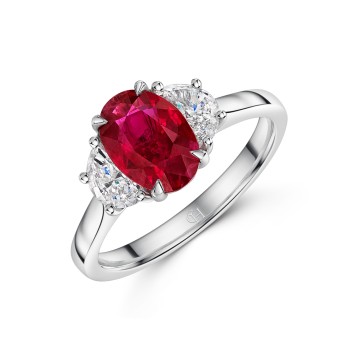 18ct White Gold Oval Cut 1.97ct Ruby and 0.52ct Diamond Three Stone Ring