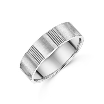 9ct White Gold 6mm Lined Pattern Gents Wedding Band