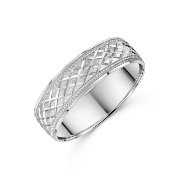 9ct White Gold 6mm Cross Hatch Gents Wedding Ring
