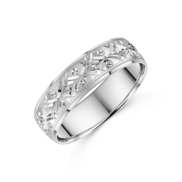 9ct White Gold 6mm Diamond Cut Gents Wedding Ring
