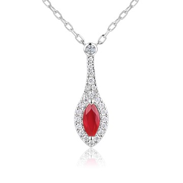 18ct White Gold 0.40ct Marquise Cut Ruby and Diamond Halo Pendant