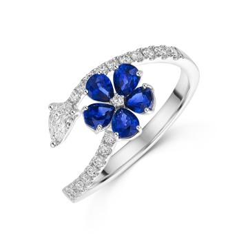 18ct White Gold Pear 0.83ct Sapphire and Brilliant 0.40ct Diamond Flower Ring