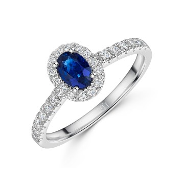 18ct White Gold Oval Cut 0.34ct Sapphire and 0.66ct Diamond Halo Ring