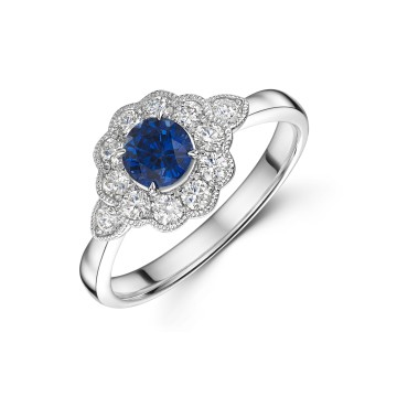 18ct White Gold 0.62ct Round Brilliant Sapphire & Diamond Halo 1.04ct Ring
