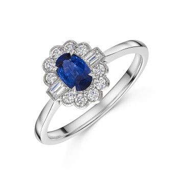 18ct White Gold Oval Cut 0.62ct Sapphire & Mixed Cut Diamond Halo Ring
