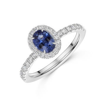 18ct White Gold Oval Cut 0.80ct Sapphire Ring With Diamond Halo and Shoulders