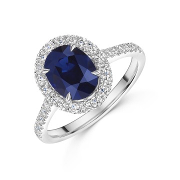 18ct White Gold Oval Cut 1.50ct Sapphire Halo with Diamond Shoulders Ring