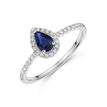 18ct White Gold Pear Shape 0.50ct Sapphire Ring with Diamond Shoulders and Halo