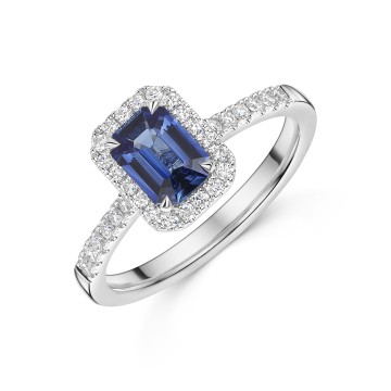 18ct White Gold Octagonal Cut 0.70ct Sapphire Ring With Diamond Halo and Shoulders