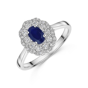 9ct White Gold 0.71ct Oval Sapphire with Illusion Set Diamond Halo Ring