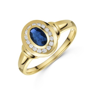 9ct Yellow Gold Oval 0.48ct Sapphire and Round Brilliant Diamond Halo Ring