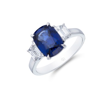 18ct White Gold Oval Cut 3.12ct Sapphire and 0.60ct Diamond Three Stone Ring