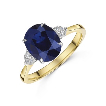 18ct Yellow Gold Oval Cut 3.62ct Blue Sapphire with Diamond 3 Stone Ring