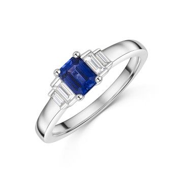 9ct White Gold 0.47ct Emerald Cut Sapphire & 0.22ct Diamond Ring