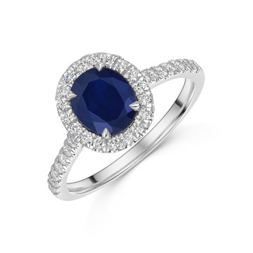 Platinum Oval Cut 1.98ct Blue Sapphire Ring with Diamond Halo & Shoulders