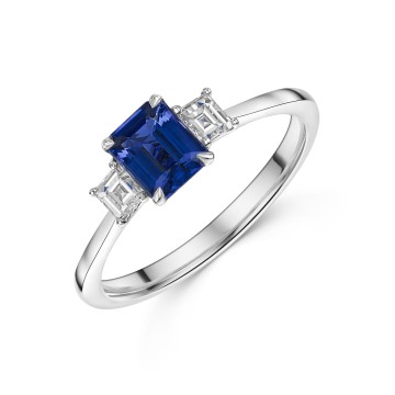 Platinum Octagonal Cut 1.24ct Blue Sapphire & Princess Cut Diamond 3 Stone Ring