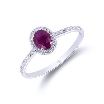 18ct White Gold Oval Cut Ruby 0.70ct Diamond Halo Ring