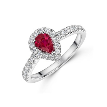 18ct White Gold Pear Cut 0.38ct Ruby and 0.37ct Diamond Halo Ring