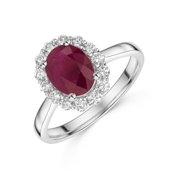 18ct White Gold Oval Cut 1.50ct Ruby Traditional Halo Ring