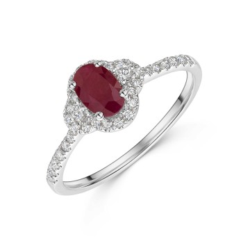 18ct White Gold Oval Cut 0.50ct Ruby and Diamond Halo Cluster Ring