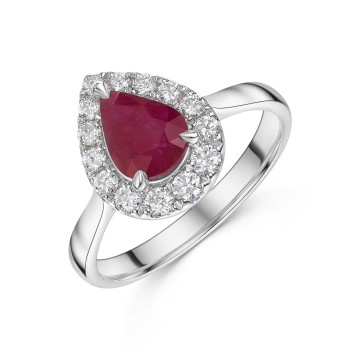 18ct White Gold Pear Shape 1.33ct Ruby Solitaire Ring with Traditional Diamond Halo
