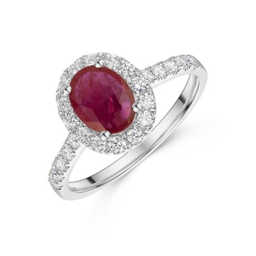 18ct White Gold Oval Cut 1.40ct Ruby Solitaire Ring with Diamond Set Halo and Shoulders