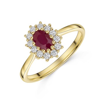 18ct Yellow Gold Oval Cut 0.50ct Ruby Solitaire Ring with Traditional Diamond Halo