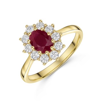 18ct Yellow Gold Oval Cut 0.80ct Ruby Solitaire Ring with Traditional Diamond Halo