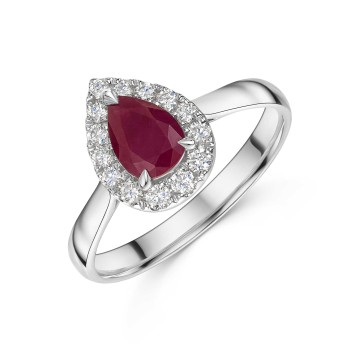 18ct White Gold Pear Shape 0.80ct Ruby Solitaire Ring with Traditional Diamond Halo