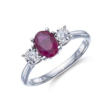9ct White Gold 0.10ct Diamond and 0.75ct Ruby Ring