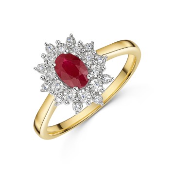 9ct Yellow Gold 0.66ct Oval Cut Ruby and Diamond Illusion Set Cluster Solitaire Ring