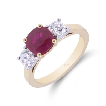 Platinum 1.83ct Cushion Cut Ruby and Round Brilliant Diamond 3 stone Ring