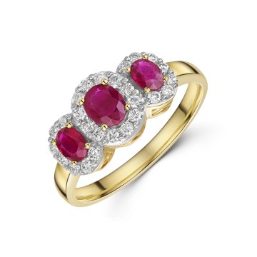 9ct Yellow Gold 0.39ct Oval Ruby & Diamond Halo 3 Stone Ring
