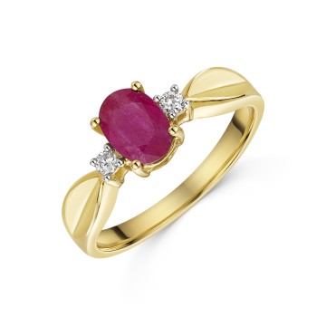 9ct Yellow Gold 0.95ct Oval Cut Ruby & 0.07ct Diamond 3 Stone Ring