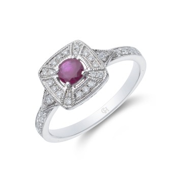 18ct white gold 0.25ct ruby halo ring