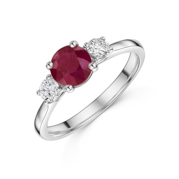 Platinum Round Brilliant 1.28ct Ruby with Diamond 3 Stone Ring 
