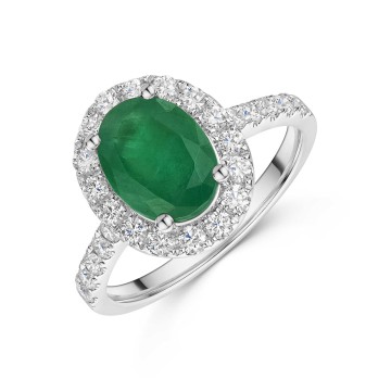 18ct White Gold Oval Cut 1.75ct Emerald Ring with Diamond Halo and Shoulders