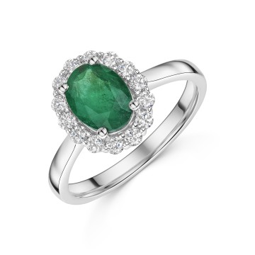18ct White Gold Oval Cut 1.15ct Emerald Solitaire Ring with Traditional Diamond Halo