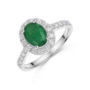 18ct White Gold Oval Cut 1.15ct Emerald Ring with Diamond Halo & Shoulders
