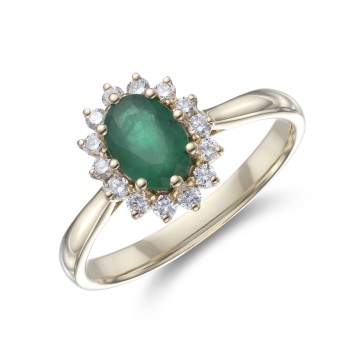18ct Yellow Gold Round Brilliant Cut 0.22ct Diamond and 0.68ct Emerald Ring