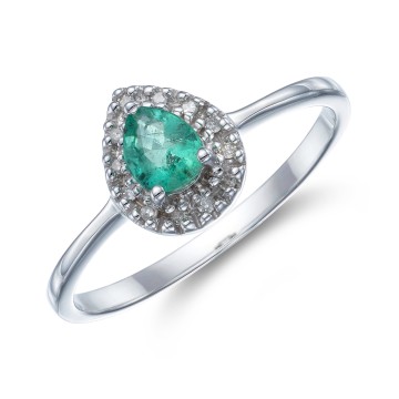 9ct White Gold 0.40ct Pear Emerald and 0.38ct Diamond Cluster