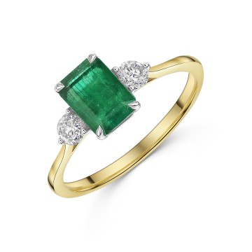 18ct Yellow Gold Emerald Cut 1.75ct Emerald and Round Brilliant Diamond 3 Stone Ring