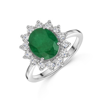 Platinum Oval Cut 3.00ct Emerald and Diamond Halo Cluster Ring
