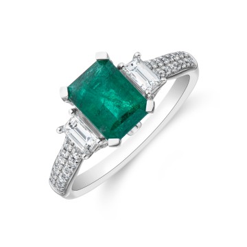 Platinum Octagonal Cut 1.60ct Emerald Three Stone Cluster Ring