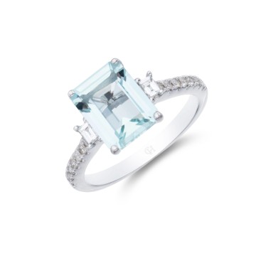 9ct White Gold Brilliant Cut Diamond and Baguette Cut Aquamarine 0.18ct And 2.50ct Three Stone Ring