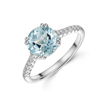 18ct White Gold 1.80ct Round Brilliant Aquamarine Diamond Shoulders Ring