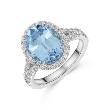 18ct White Gold 3.96ct Cushion Cut Aquamarine & 0.57ct Diamond Cluster Ring