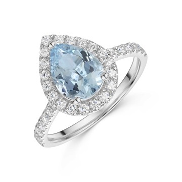 18ct White Gold Pear Shape 1.50ct Aquamarine Ring With Diamond Halo and Shoulders